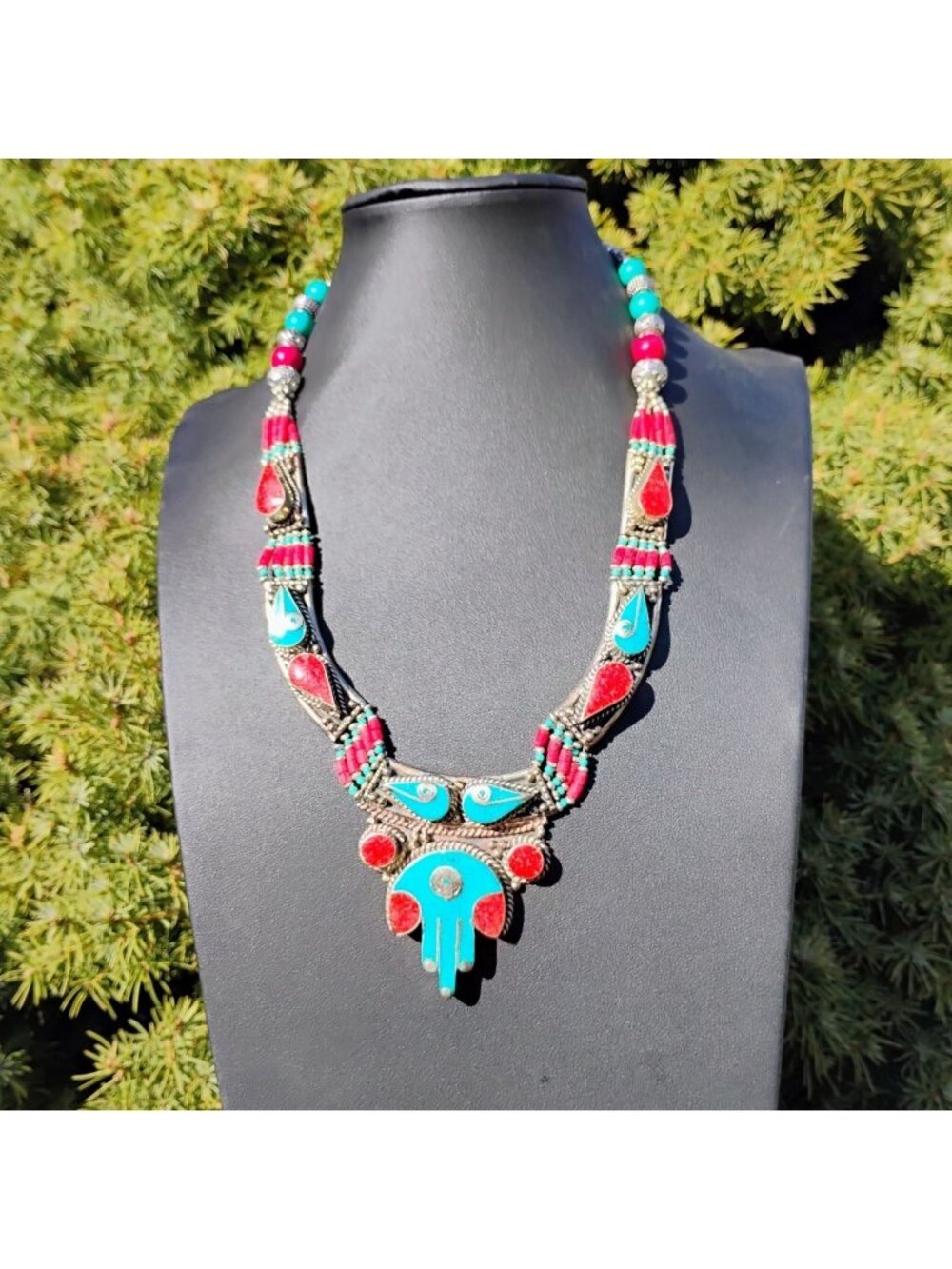 Handcrafted Tibetan Silver Collar Necklace w/Inlay Turquoise & Coral w/Beads